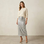 Mango MNG Silver Sequin Midi Straight Pencil Skirt | S
