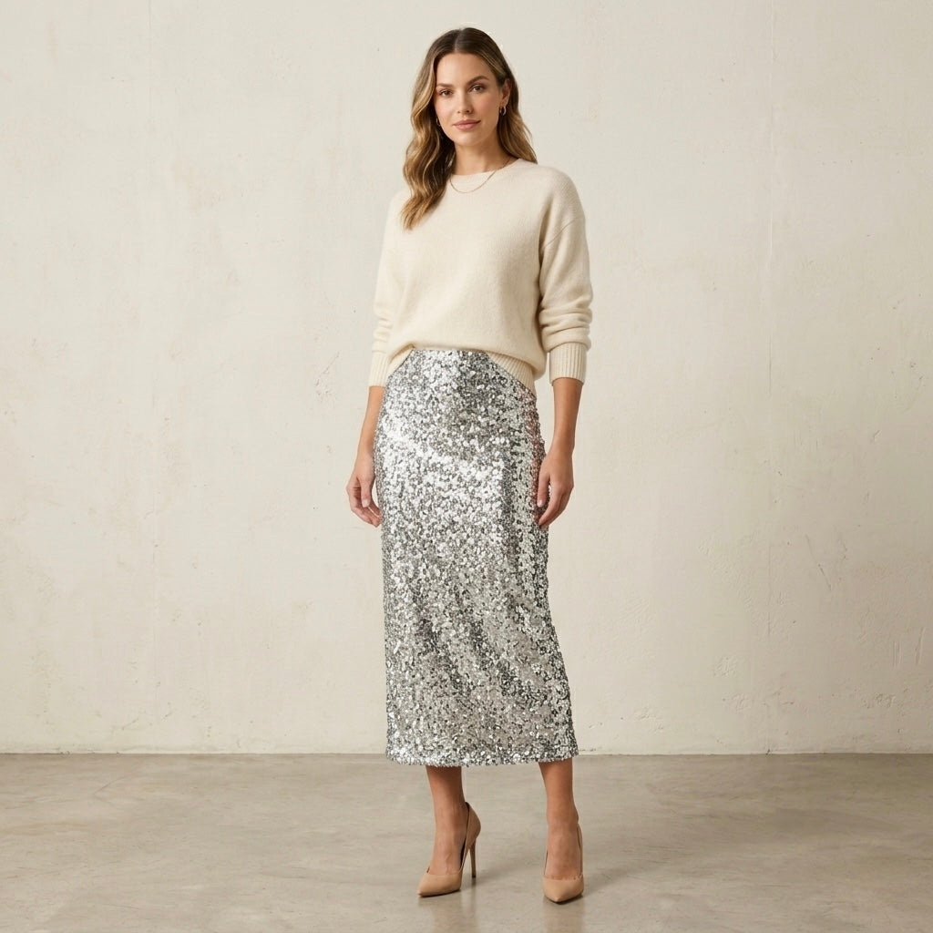 Mango MNG Silver Sequin Midi Straight Pencil Skirt | S