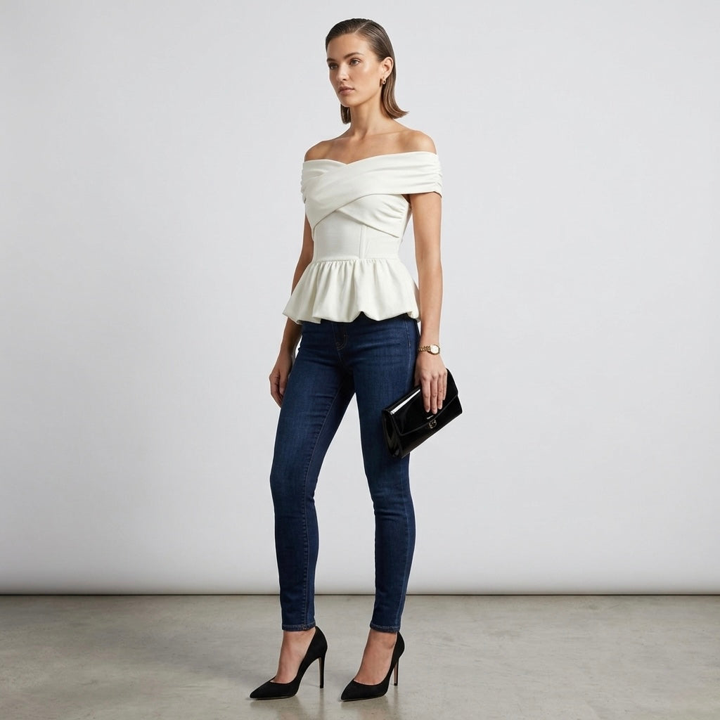 ASTR The Label White Tennille Off Shoulder Peplum Top | S