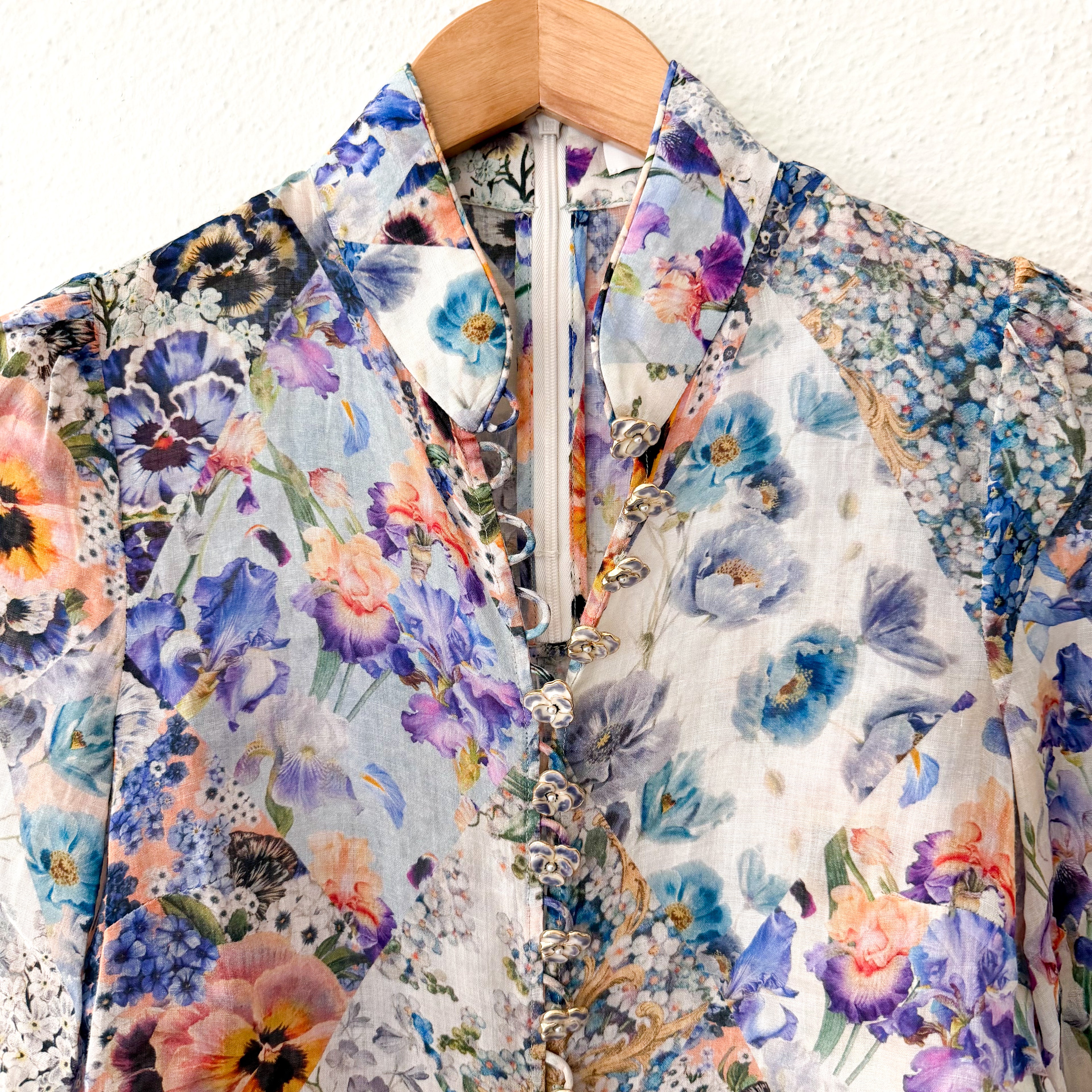 Zimmermann Petite Tama Ramie Pansy Floral Long Sleeve Sheer Blouse | 0P
