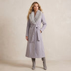 Mango MNG Detachable Faux Fur Collar Longline Wool-Blend Belted Coat in Ice Grey | XXS