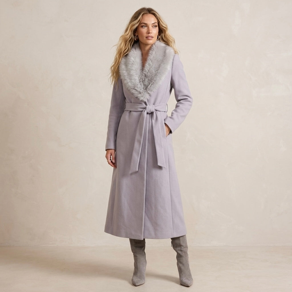 Mango MNG Detachable Faux Fur Collar Longline Wool-Blend Belted Coat in Ice Grey | XXS