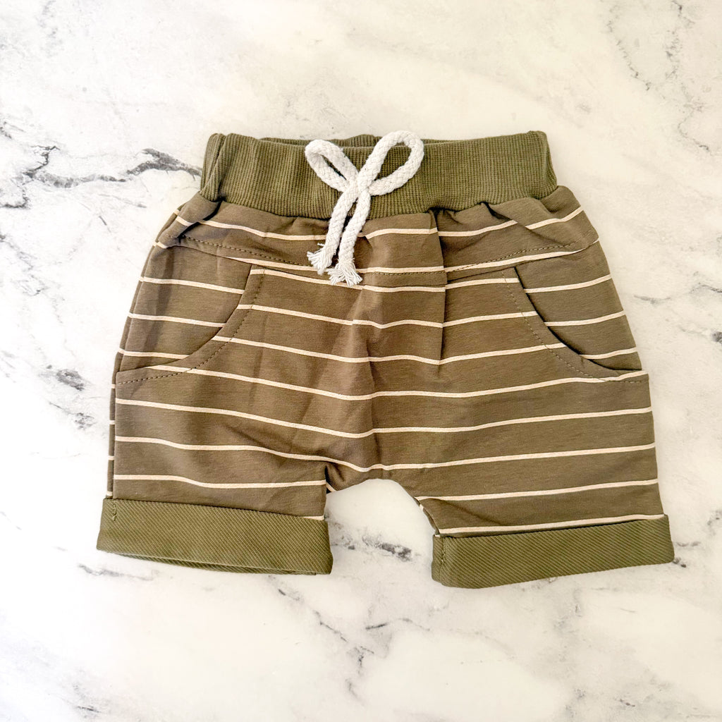 Unbranded Olive Green Cream Stripe Tank Top + Drawstring Shorts Matching Set | 6-12m