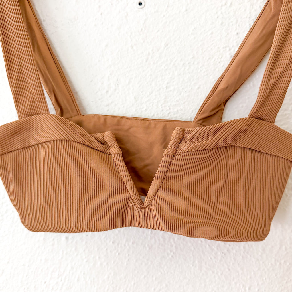 Ribbed V-Notched Bikini Top + Low Rise Bikini Bottoms in Camel | XS