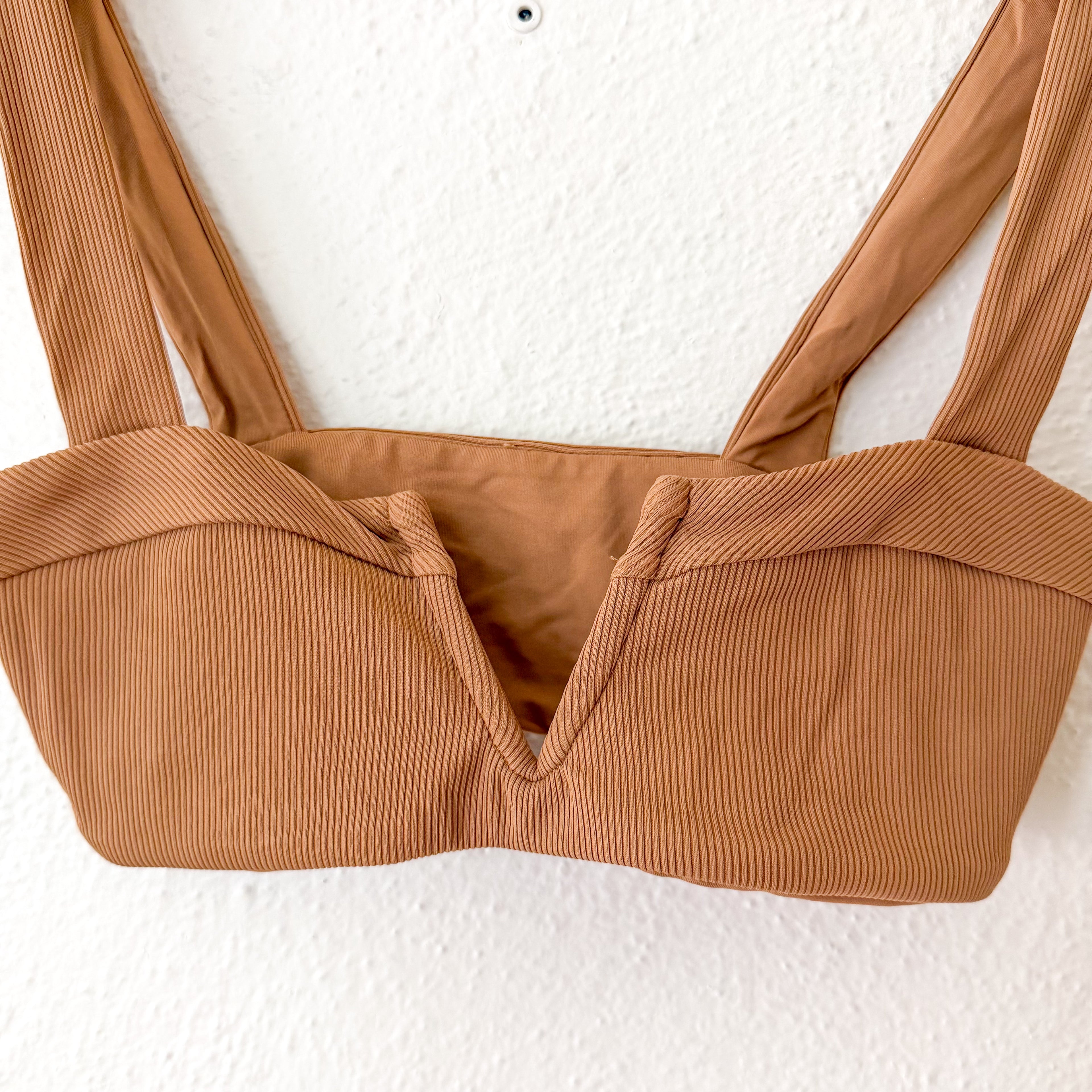 Ribbed V-Notched Bikini Top + Low Rise Bikini Bottoms in Camel | XS