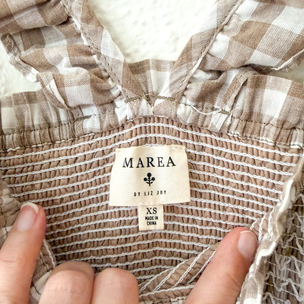 Marea by Liz Joy Sasco Midi Dress in Smocked Tan Dune Gingham | XS