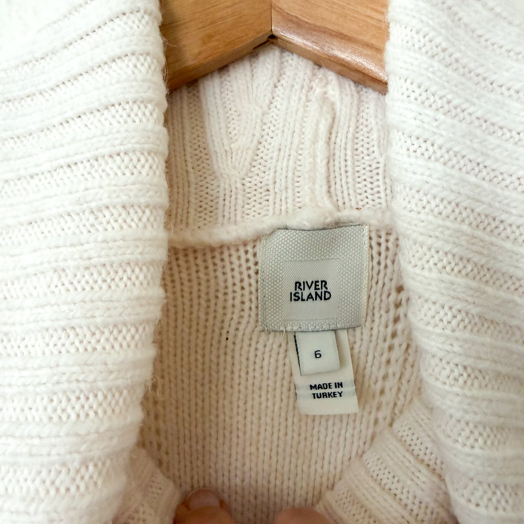 River Island Turtleneck Cable Knit Long Sleeve Midi Sweater Dress in Cream | S