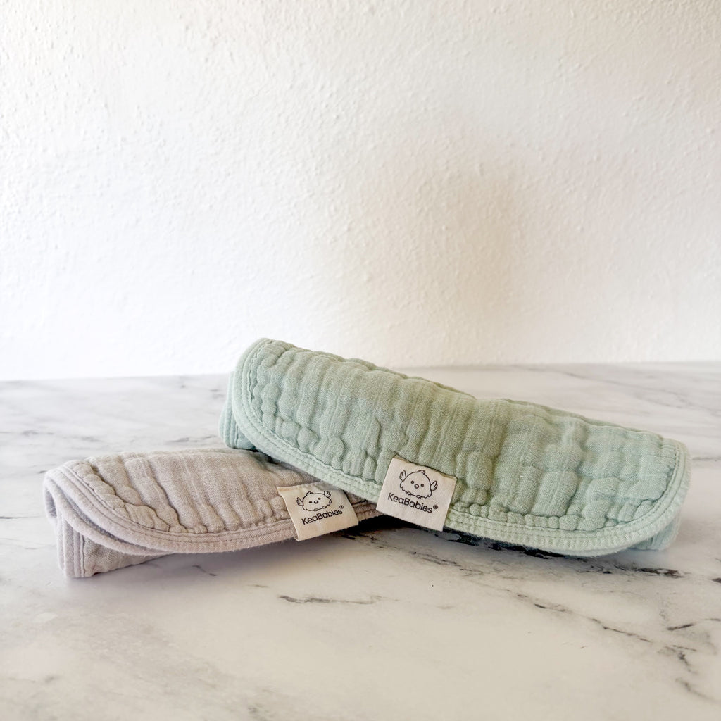 KeaBabies Lyra Organic Cotton Muslin Gauze Burp Cloths in Silver Grey & Sage