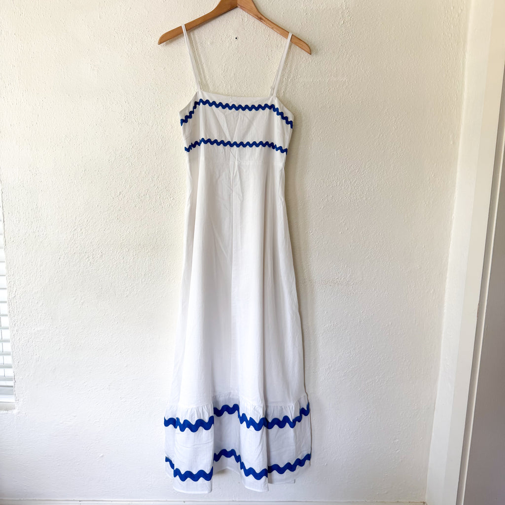 Pretty Garden White Summer Maxi Dress Blue Ric-Rac Trim | S