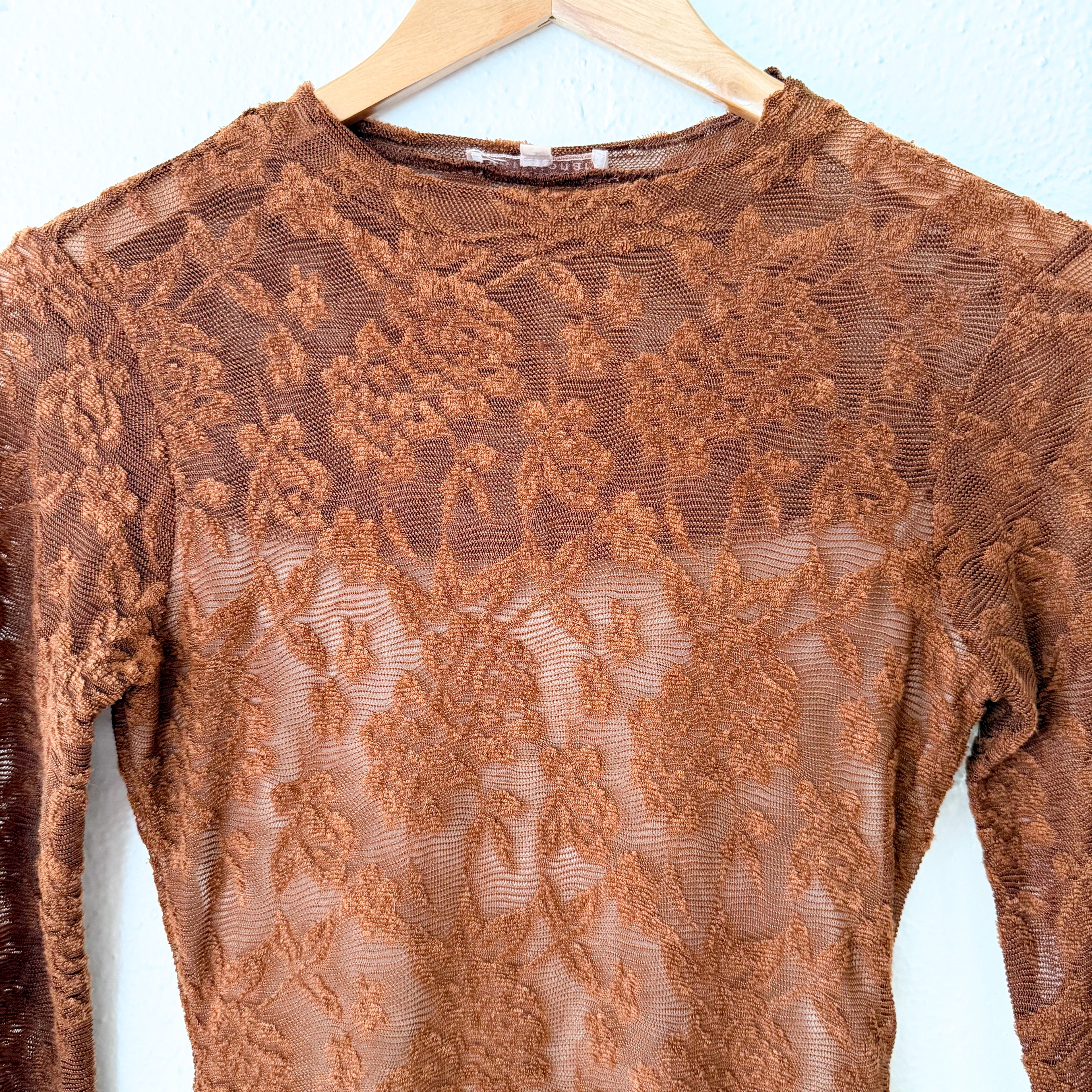 Evolutionary Rust Brown Floral Lace Long Sleeve Bodysuit | XS