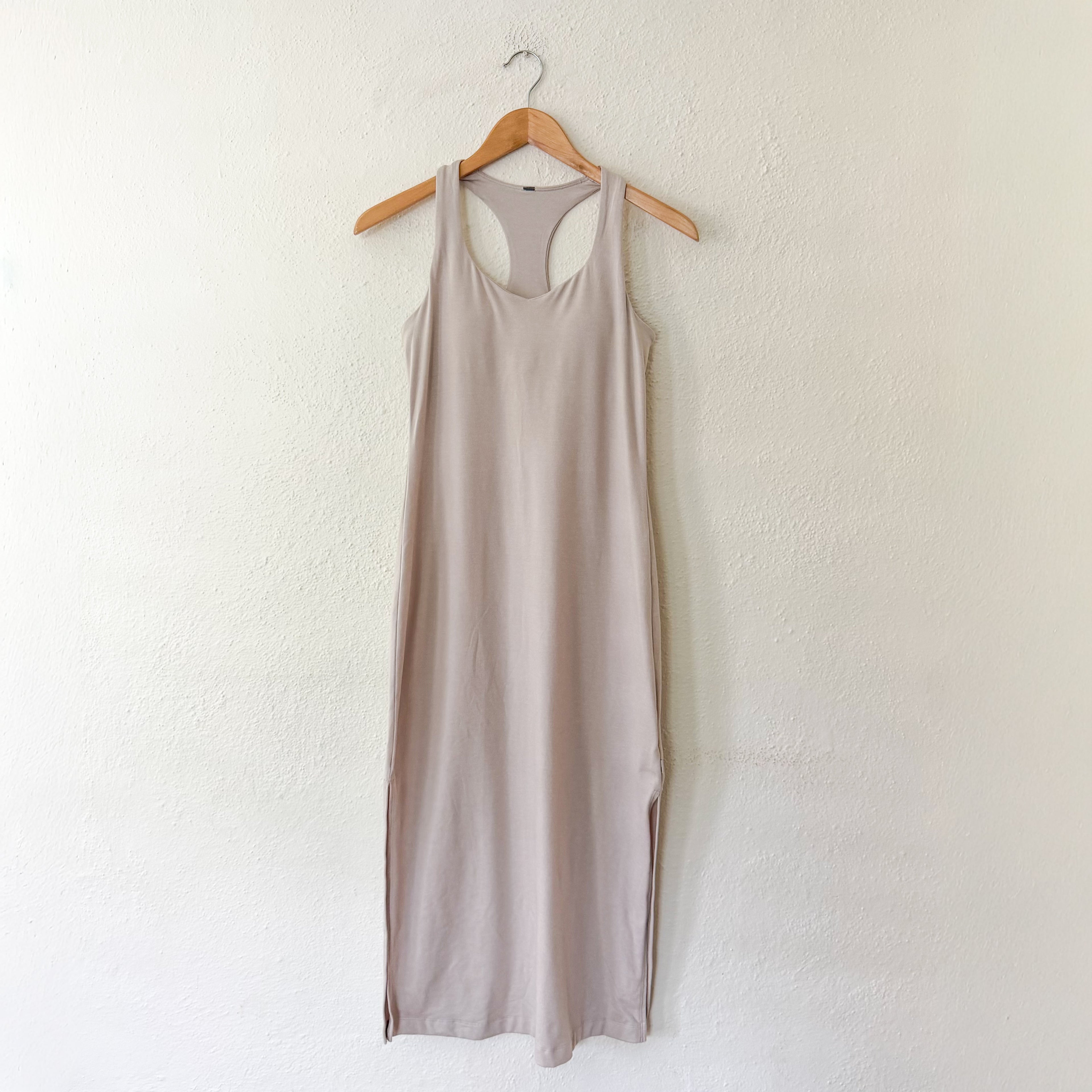 Vuori Halo Racerback Shelf Bra Midi Tank Dress in Ecru Tan | S