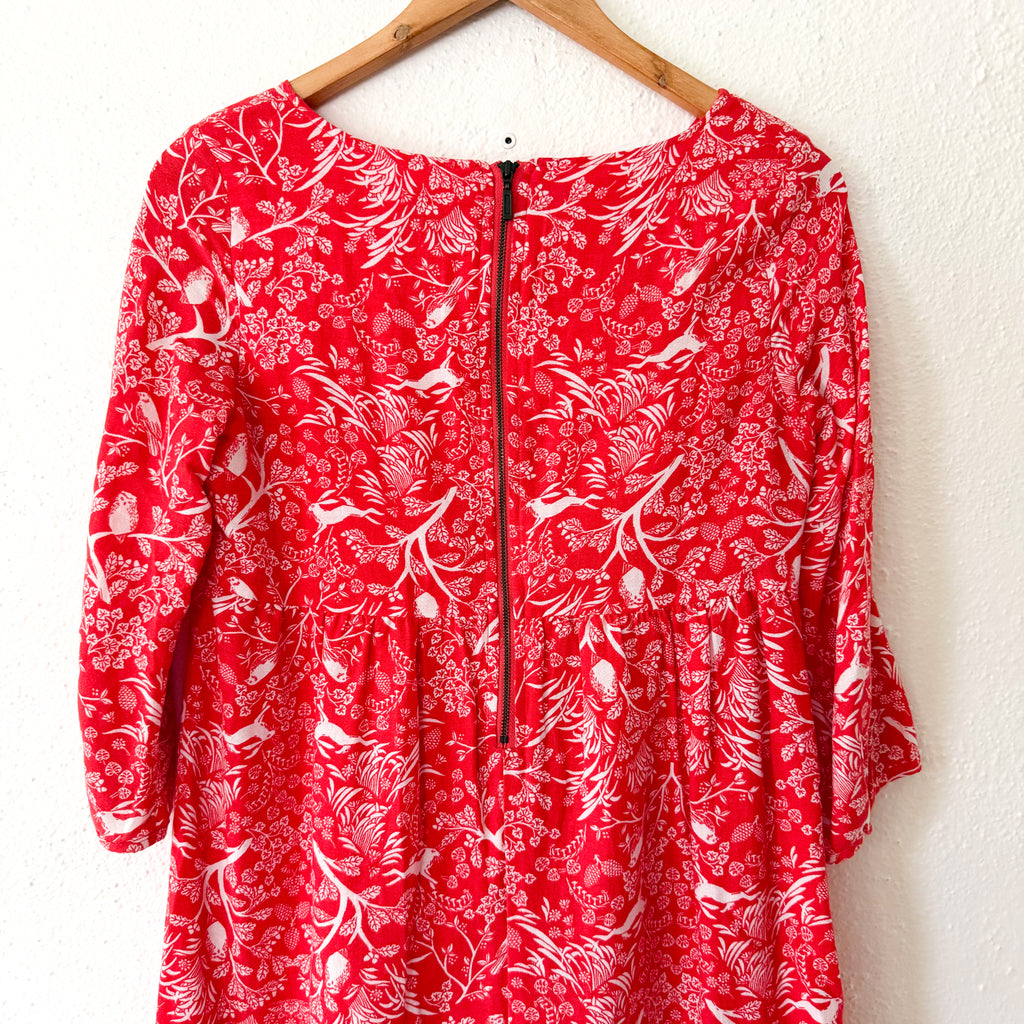 Old Navy Red Whimsical Flora & Fauna 3/4 Sleeve Shift Dress | XS