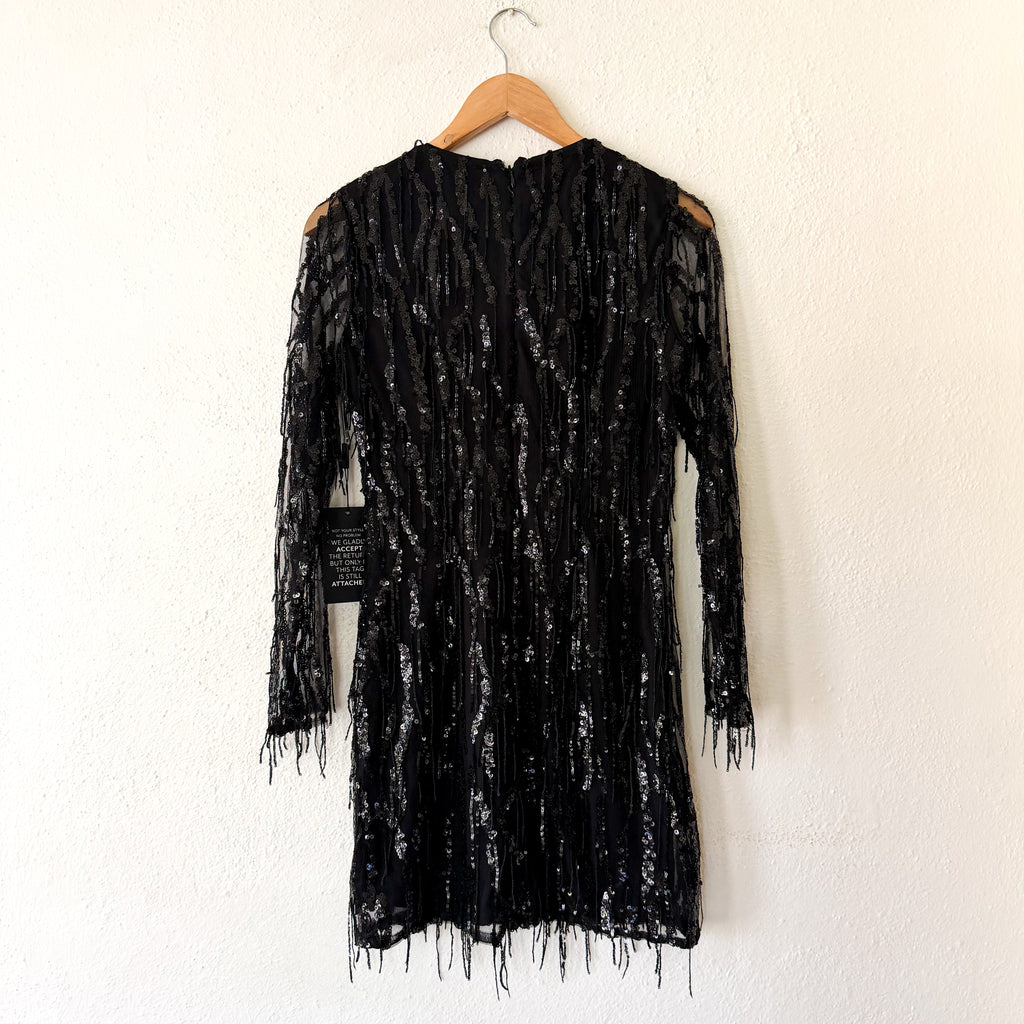 White House Black Market Black Long Sleeve Fringe Mini Dress | 0