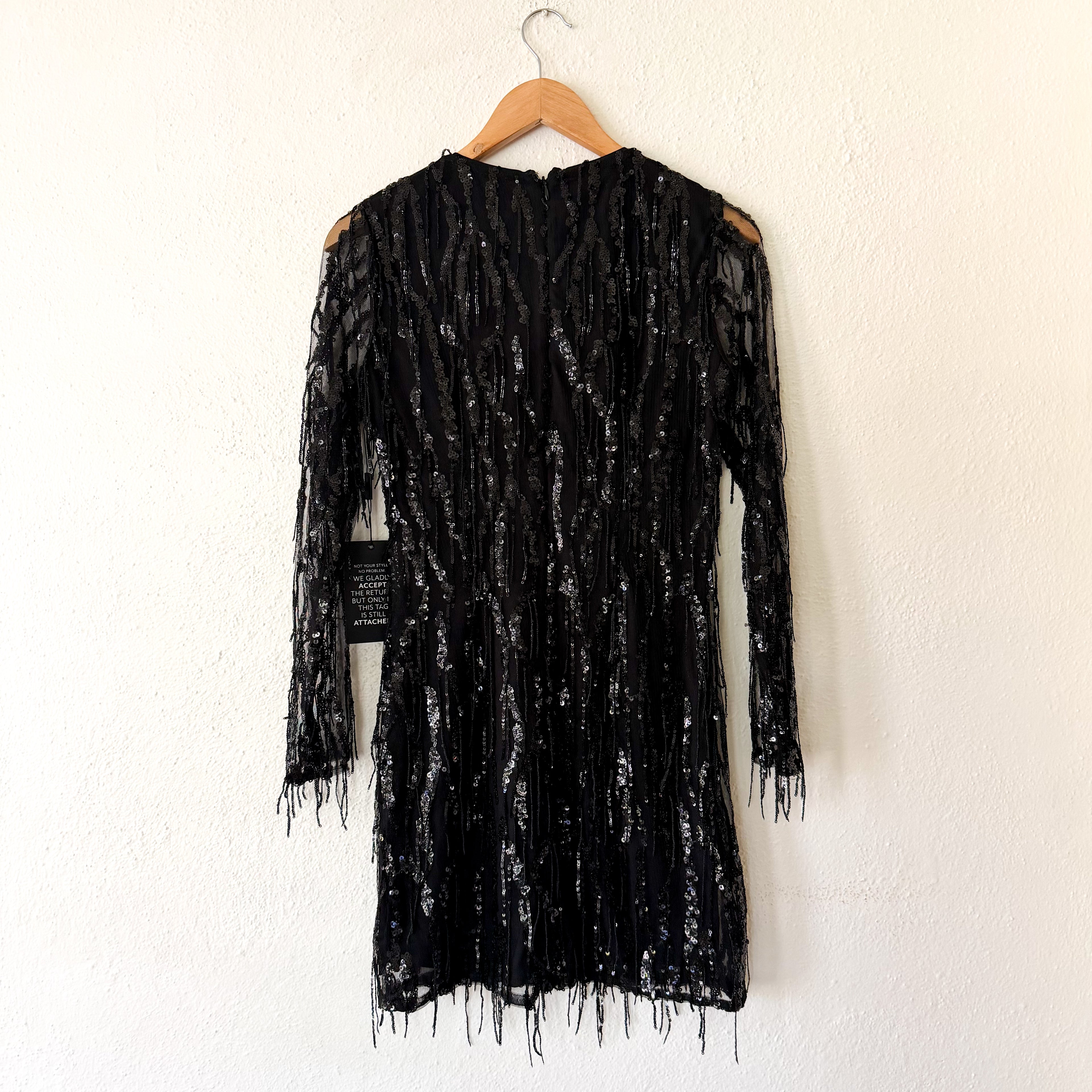 White House Black Market Black Long Sleeve Fringe Mini Dress | 0