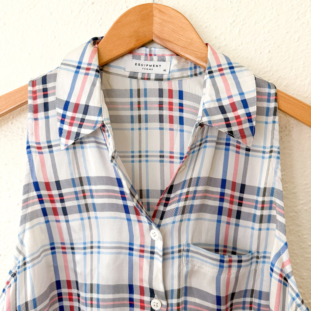 Equipment Femme Mina 100% Silk Red & Blue Plaid Button Down Sleeveless Shirt | XS