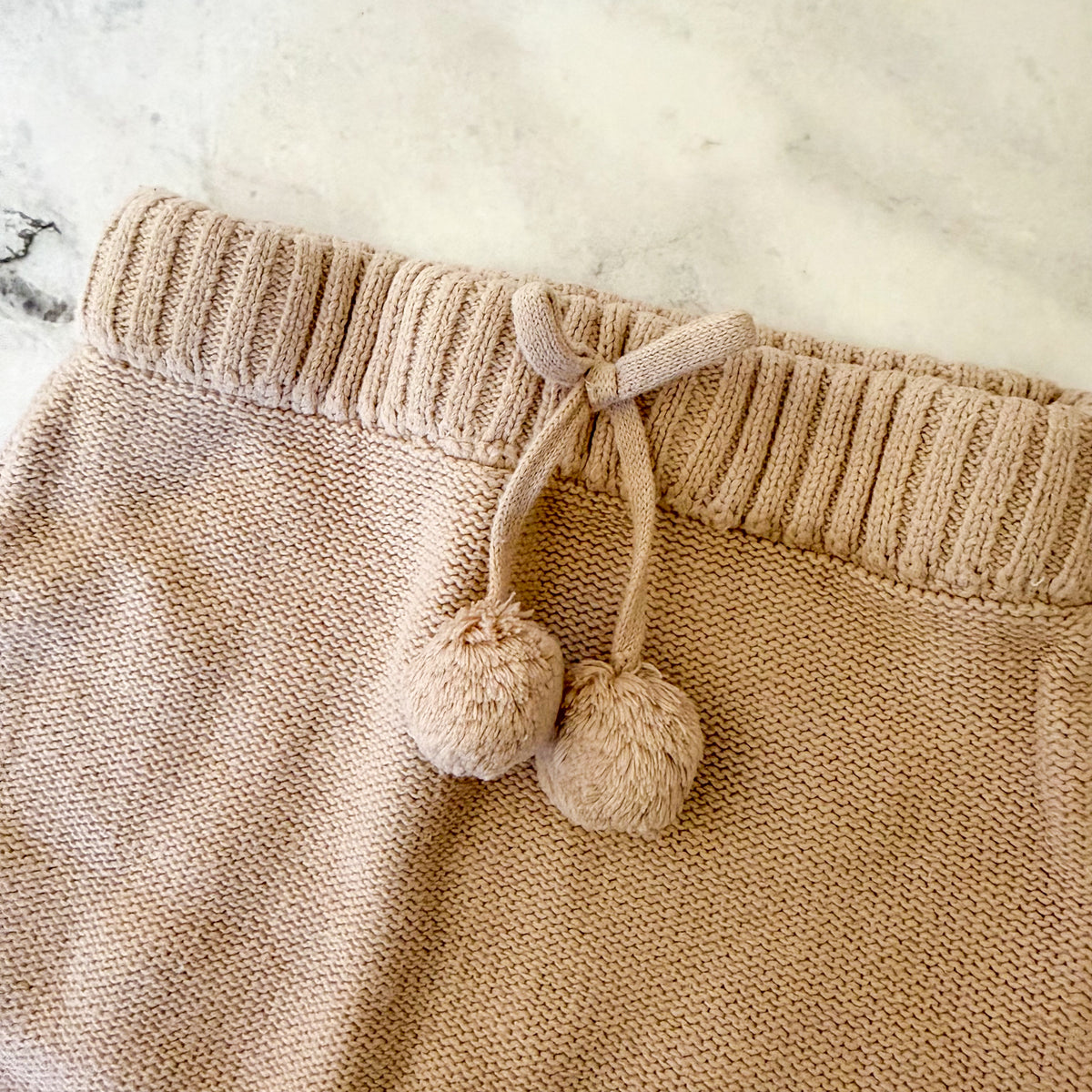 Petit Filippe Tan Knit Pom Pom Drawstring Pull On Pants | 6-9m