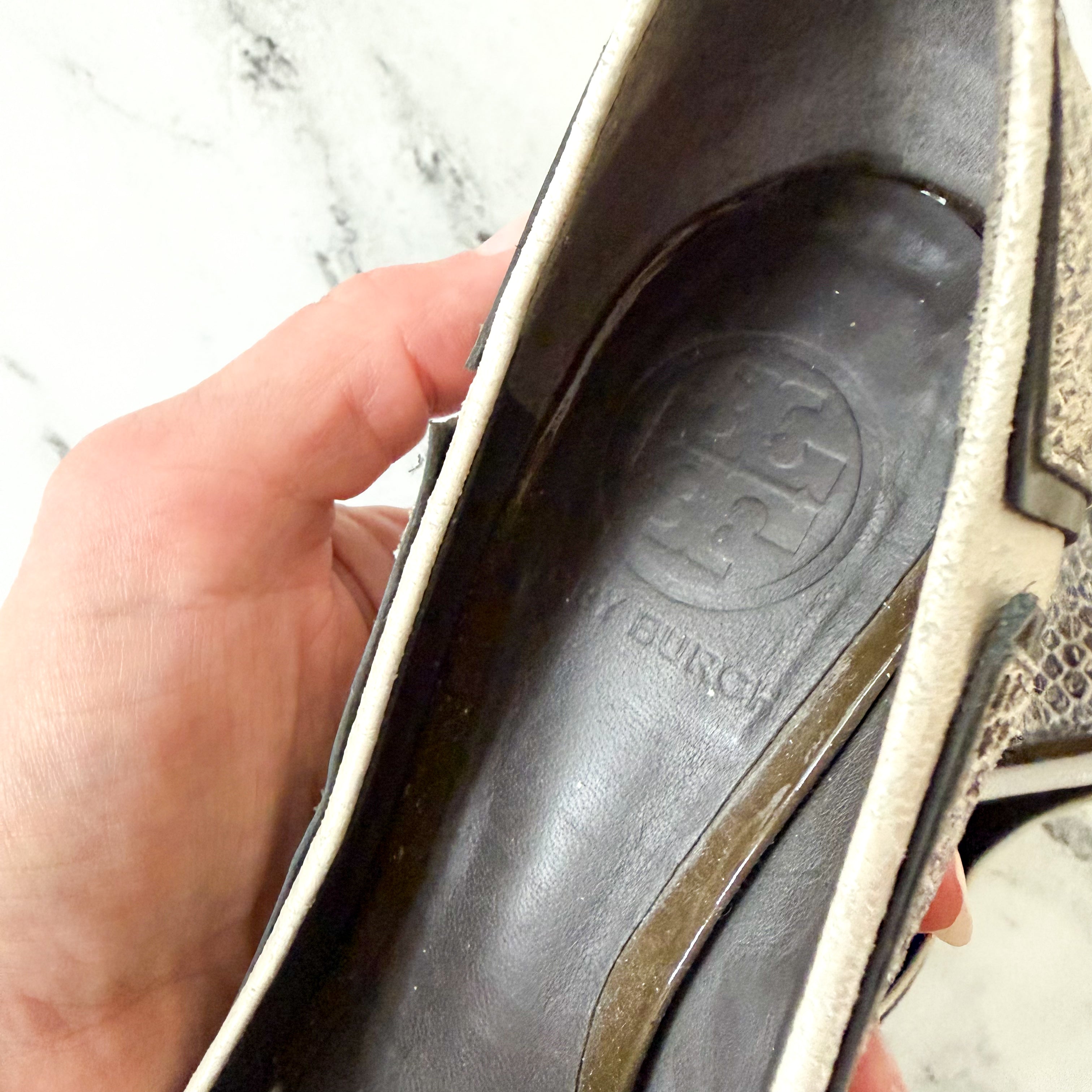 Tory Burch Matilda Pitone Rocha Snake Embossed Leather Block Peep Toe Heels | 6