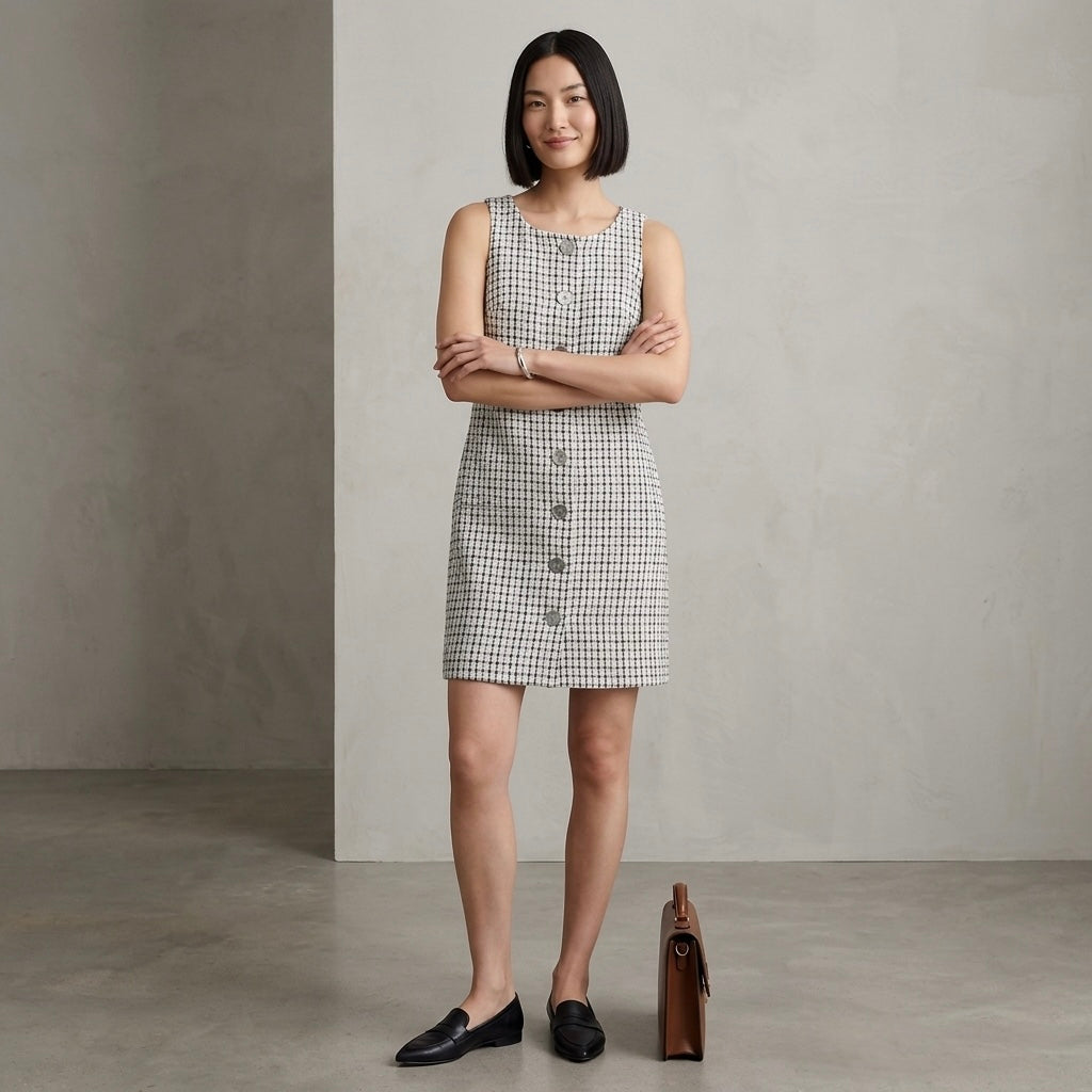 J.Crew Tweed Button-Front Sleeveless Shift Mini Dress in Black & White | 00