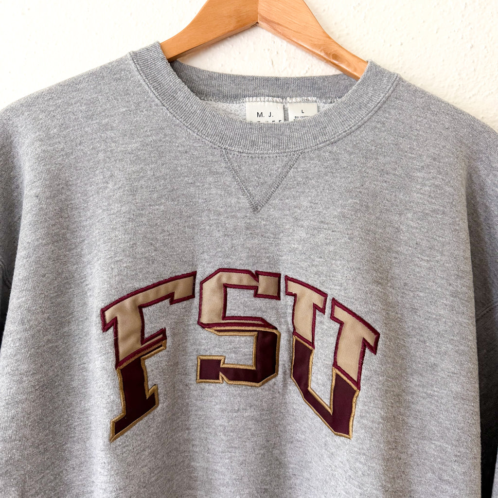 M.J. Soffe Vintage Grey FSU Florida State Embroidered Crewneck Sweatshirt | L