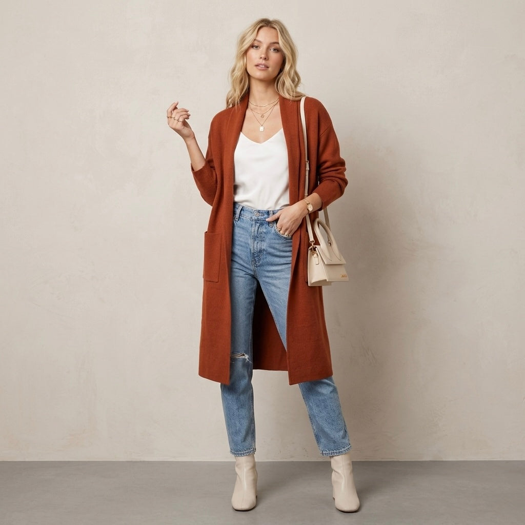 Anrabess Oversized Long Open Front Coatigan in Rust Brown | S