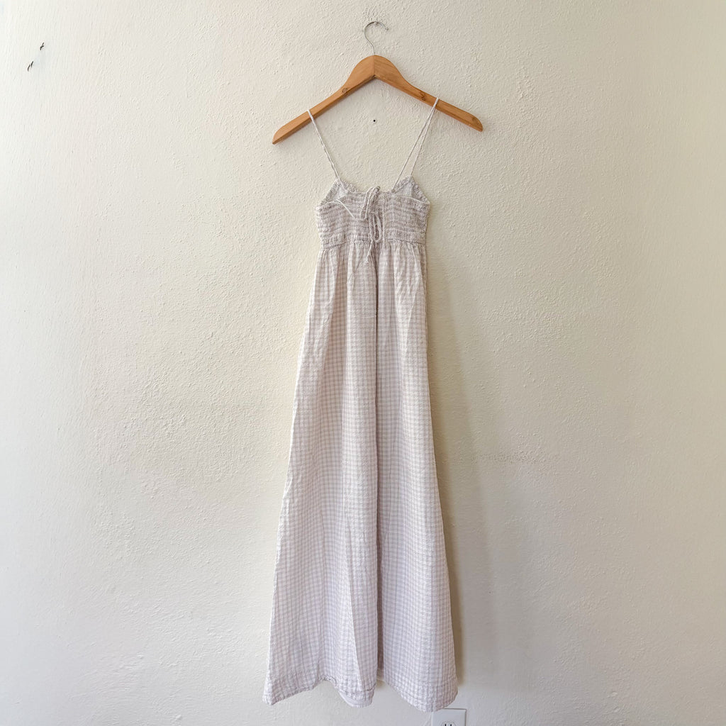 Abercrombie & Fitch Smocked Top Spaghetti Strap Maxi Dress in Neutral Windowpane | XS