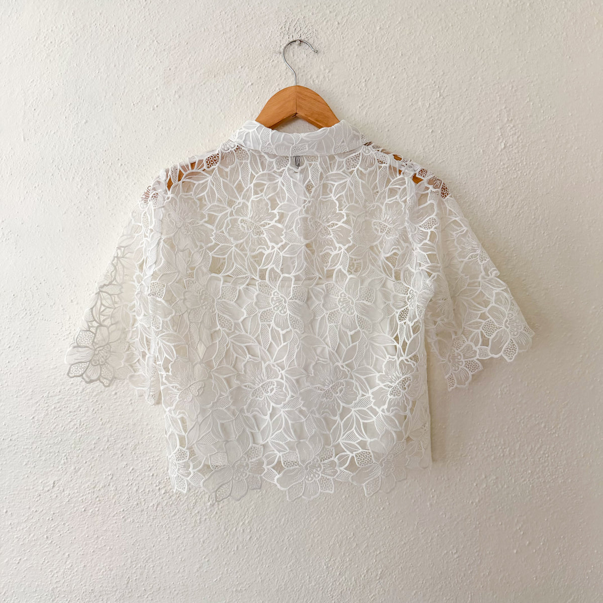 Maje Cropped Floral Lace Broderie Sheer Blouse in White | 0