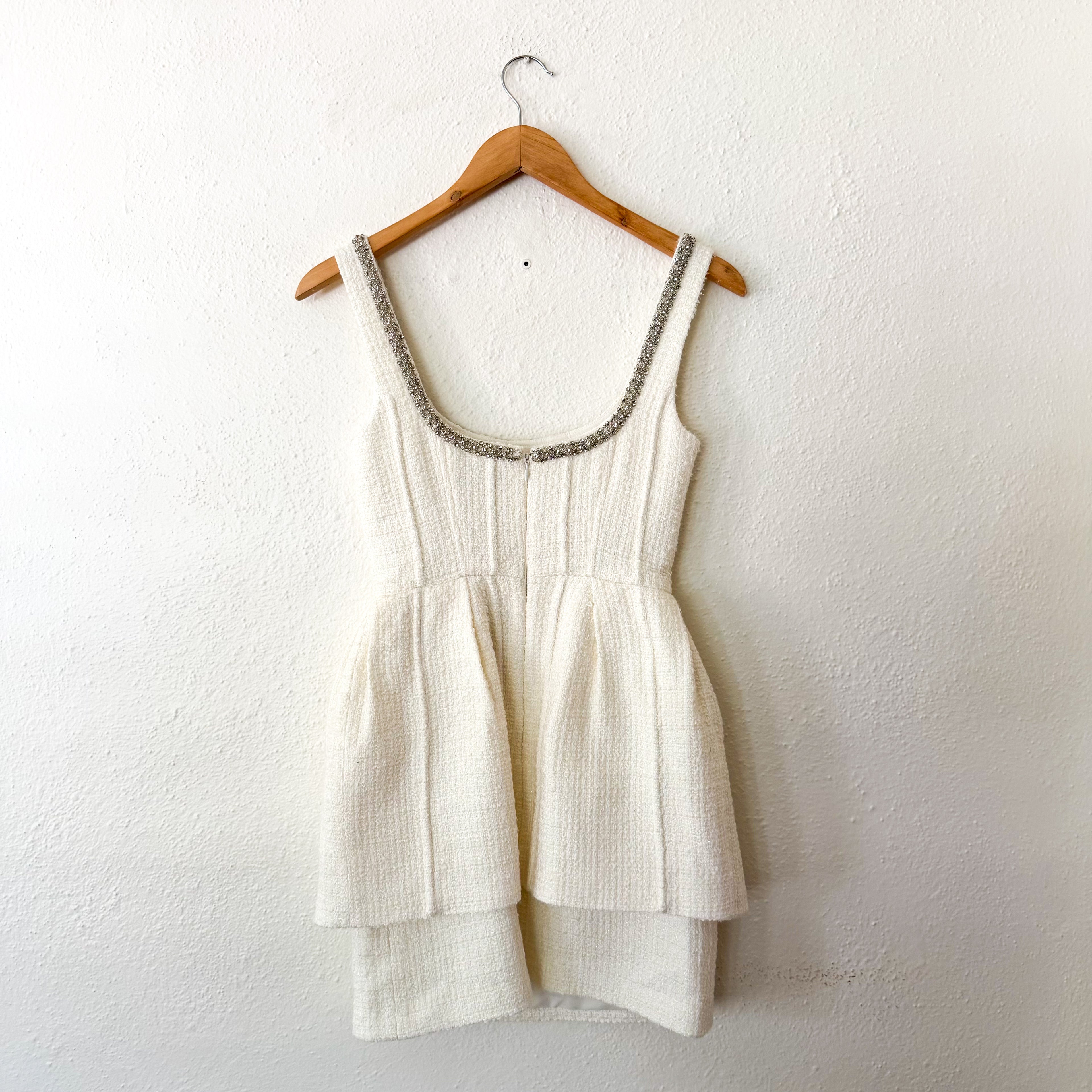 Self-Portrait Cream Embellished Boucle Sleeveless Mini Dress | 0