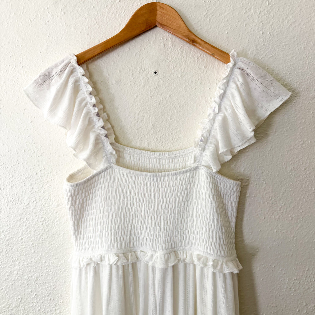 Women’s White Smocked Flutter Sleeve Pointelle Maxi Dress | S