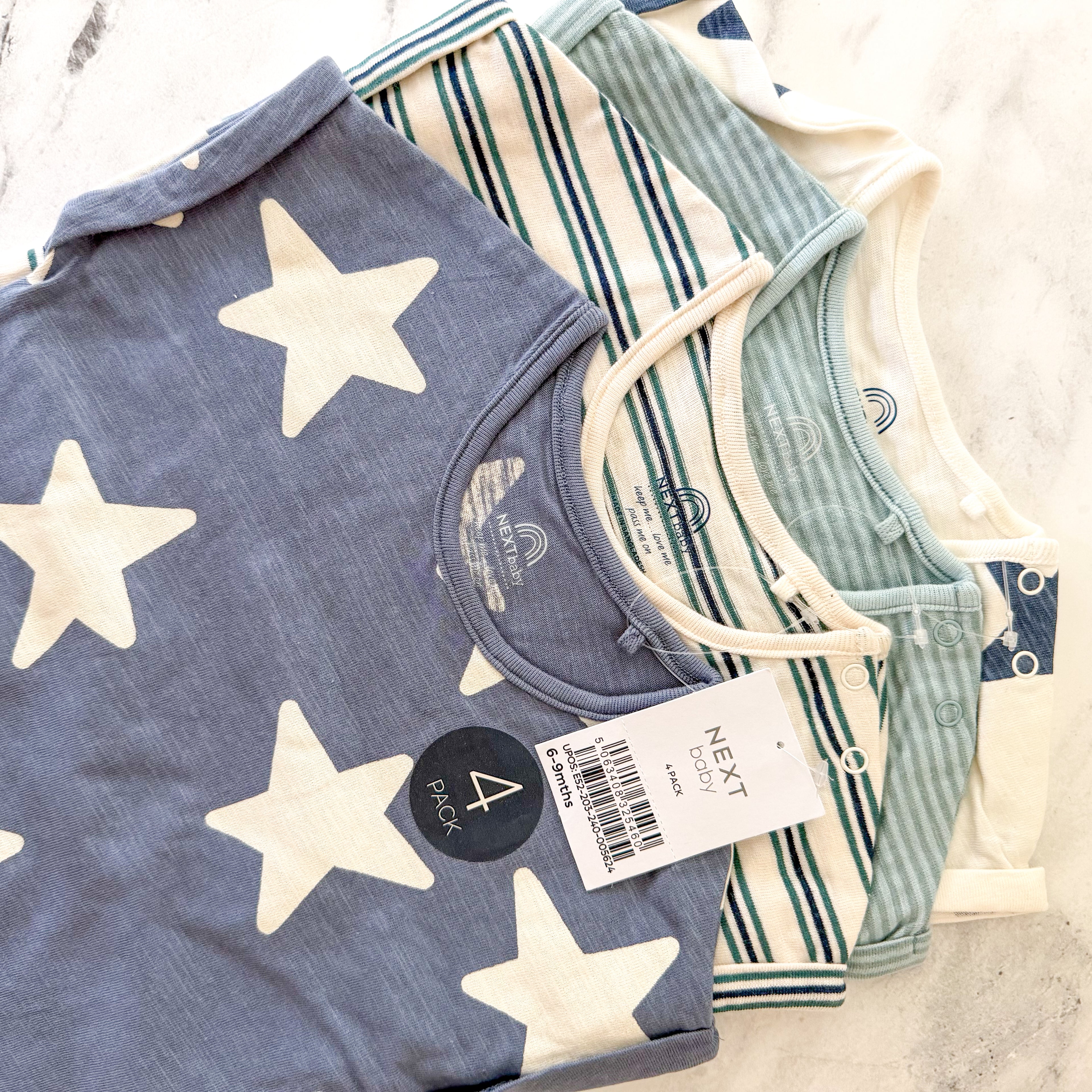 Next Baby Teal Blue Jersey Baby Rompers Multi Pack x4 | 6-9m