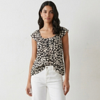 Leifsdottier 100% Silk Black Floral Short Sleeve Blouse | 6