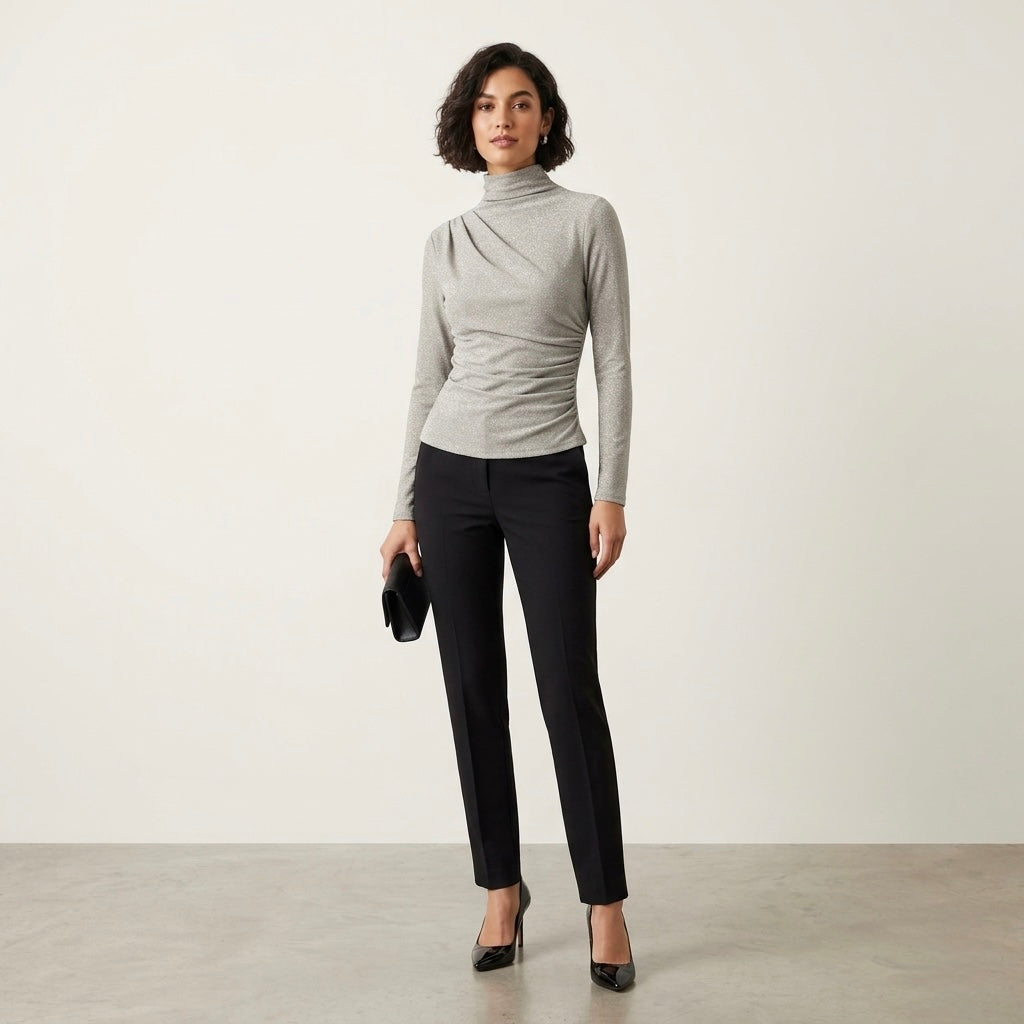 White House Black Market FORME™ Stretch Light Silver Metallic Long-Sleeve Top, sz XS