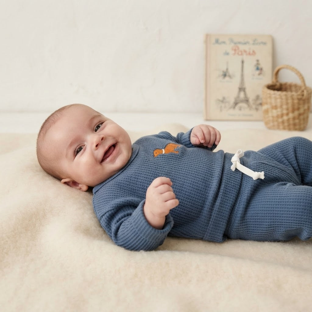 Firsts by Petit Lem Dog Appliqué Navy Blue Thermal Long Sleeve Top Pants Matching Set | 0-3m