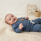 Firsts by Petit Lem Dog Appliqué Navy Blue Thermal Long Sleeve Top Pants Matching Set | 0-3m