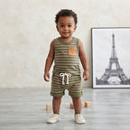 Unbranded Olive Green Cream Stripe Tank Top + Drawstring Shorts Matching Set | 6-12m