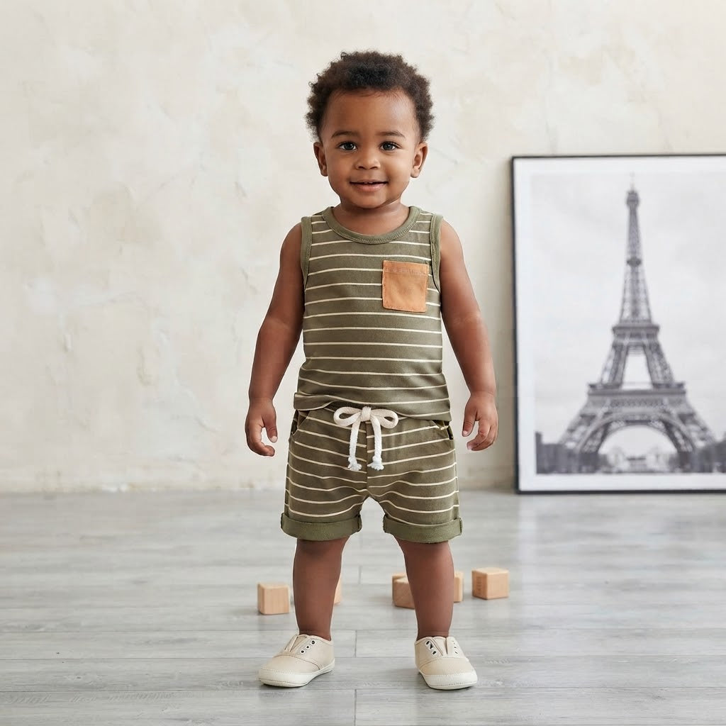 Unbranded Olive Green Cream Stripe Tank Top + Drawstring Shorts Matching Set | 6-12m