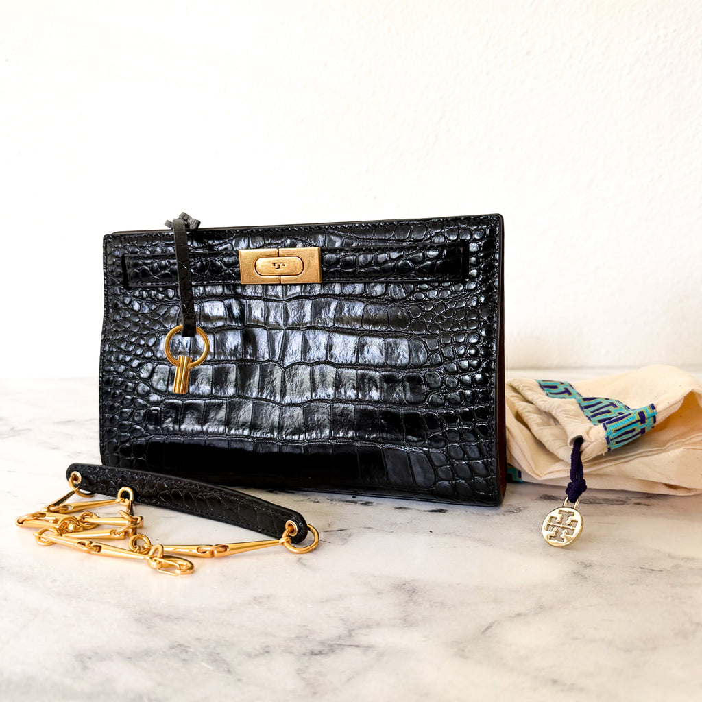 Tory Burch Lee Radziwill Black Croc-Embossed Leather Petite Bag