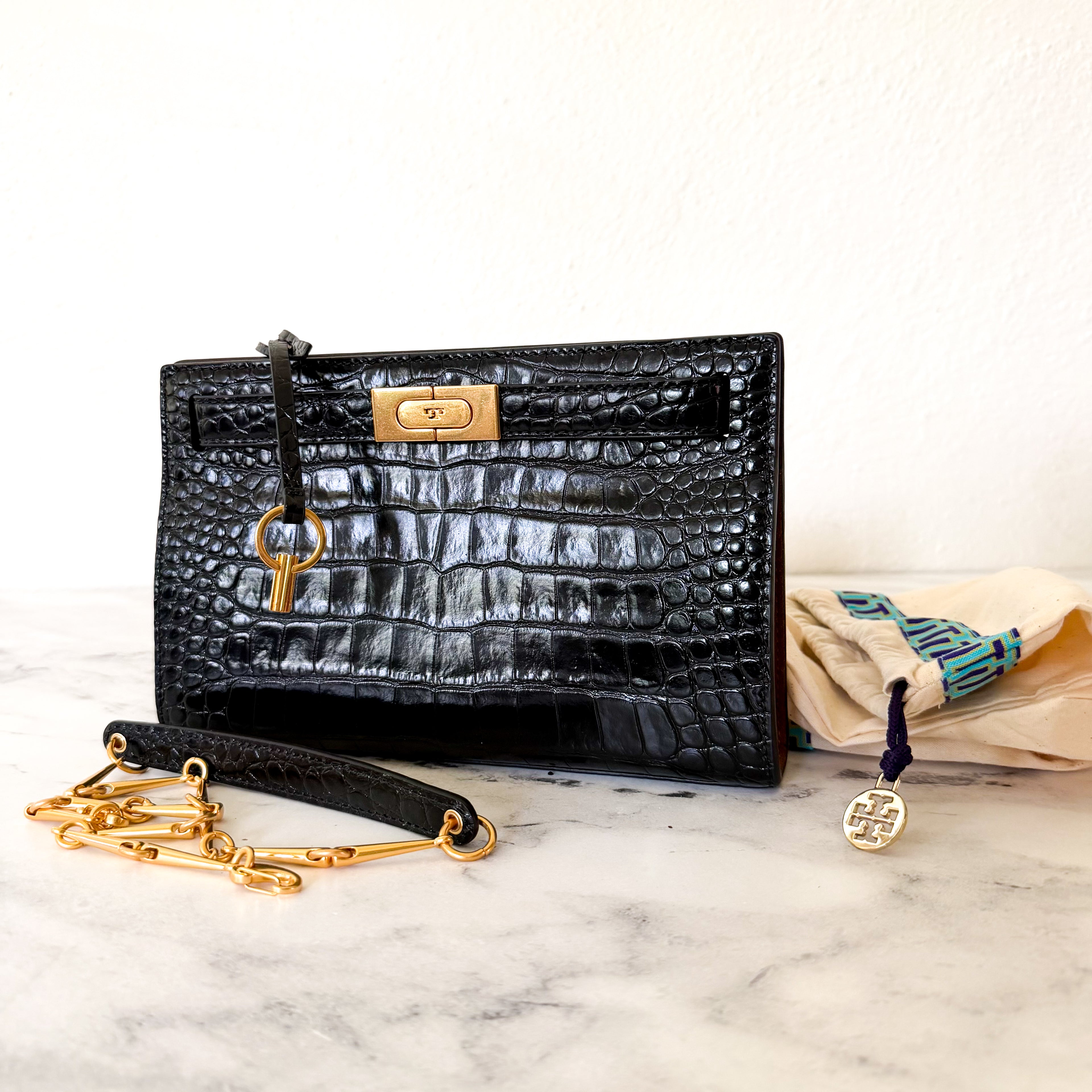 Tory Burch Lee Radziwill Black Croc-Embossed Leather Petite Bag