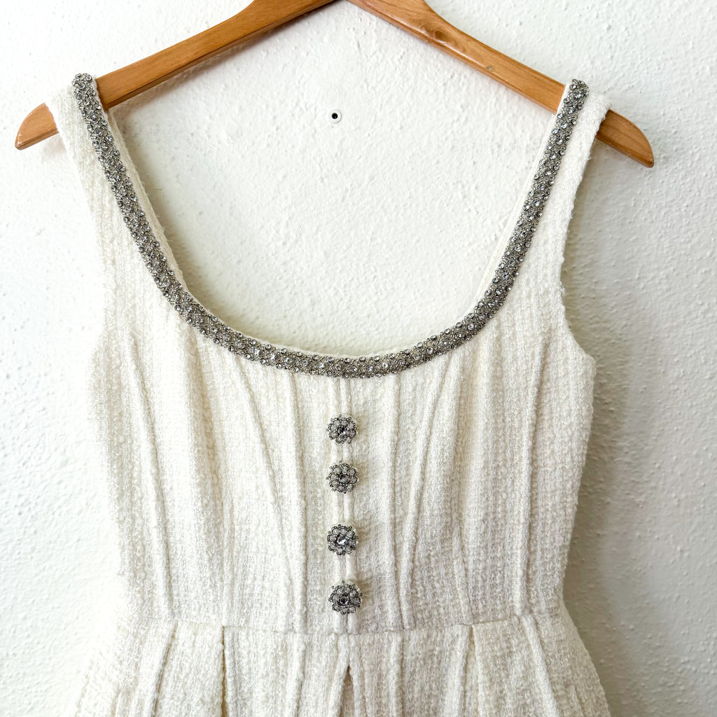 Self-Portrait Cream Embellished Boucle Sleeveless Mini Dress | 0