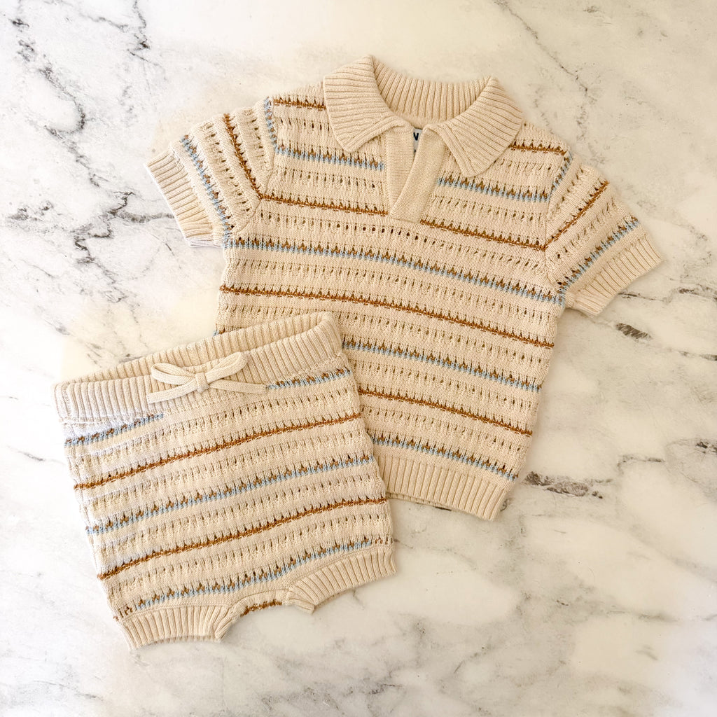 Old Navy Tan Brown Blue Crochet Collared Knit Sweater + Pull On Shorts Matching Set | 0-3m