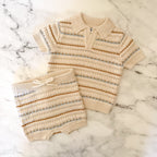 Old Navy Tan Brown Blue Crochet Collared Knit Sweater + Pull On Shorts Matching Set | 0-3m