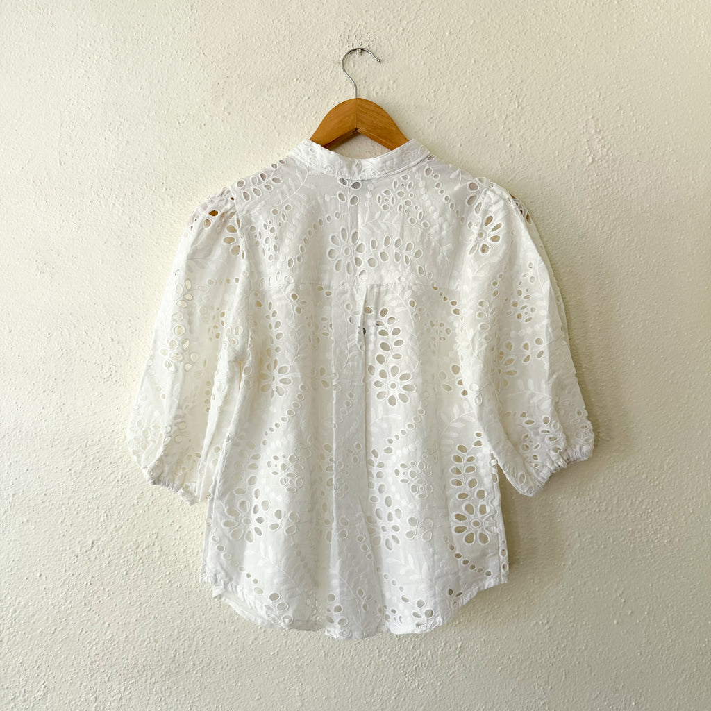 Karen Millen Petite White Cotton Eyelet Broderie Short Sleeve Blouse | 4P