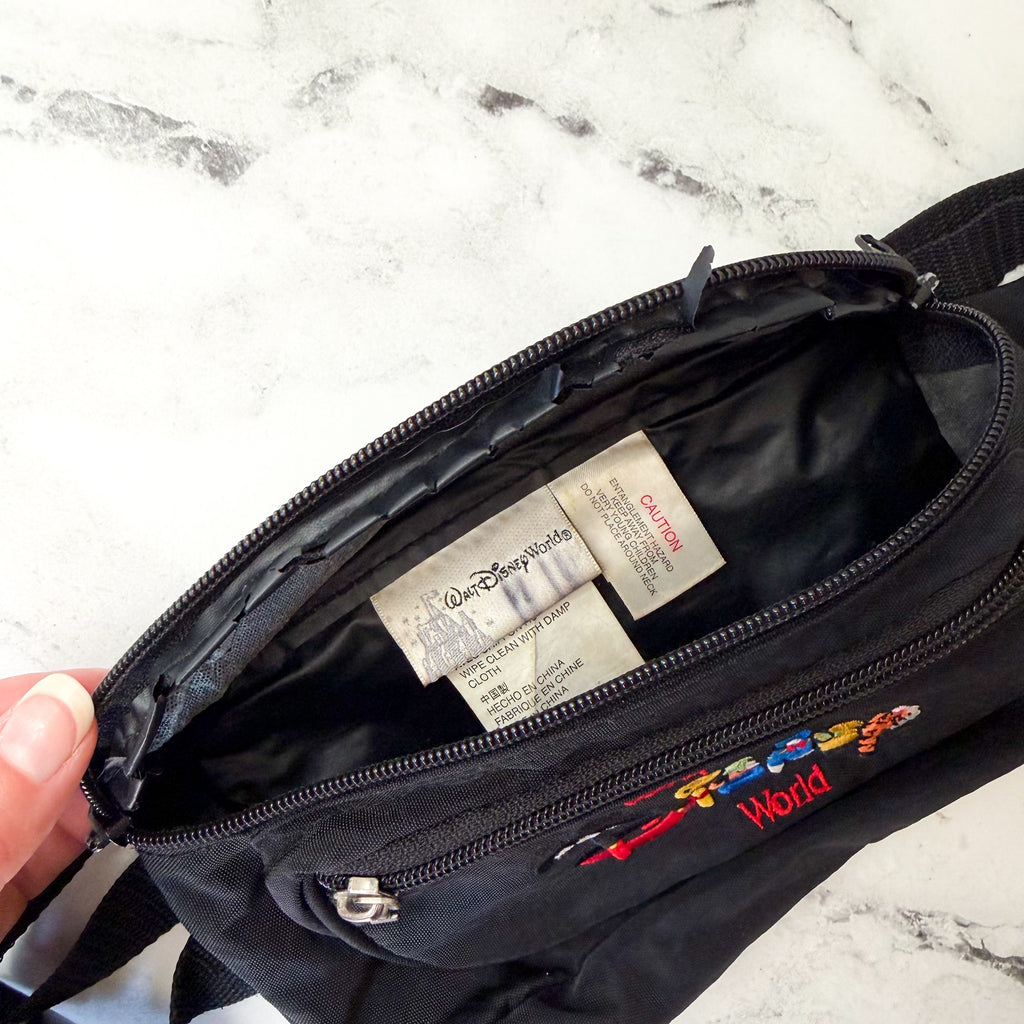 Vintage 90s Walt Disney World Embroidered Fanny Pack | Black Retro Waist Bag