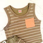 Unbranded Olive Green Cream Stripe Tank Top + Drawstring Shorts Matching Set | 6-12m