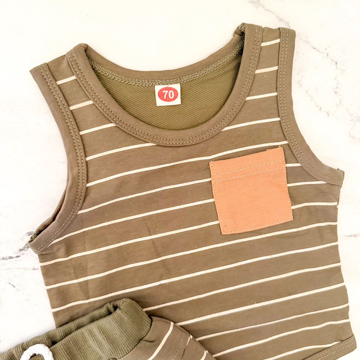Unbranded Olive Green Cream Stripe Tank Top + Drawstring Shorts Matching Set | 6-12m