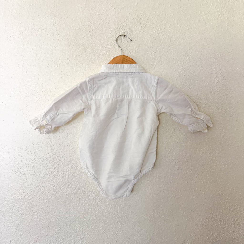 Gap White Cotton Teddy Bear Oxford Button-Down Long Sleeve Bodysuit | 6-12m