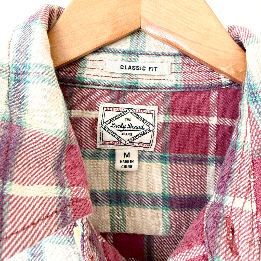 Lucky Brand Plaid Flannel Button Down Shirt Mauve Teal Classic Fit | M