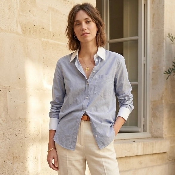 & Other Stories Paris Atelier Button Up Long Sleeve Shirt in Blue Pinstripe | 0
