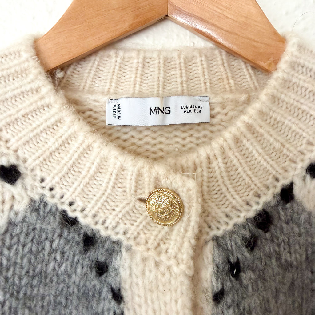 Mango MNG Rombin Wool Blend Argyle Cardigan Sweater in Ecru | XS