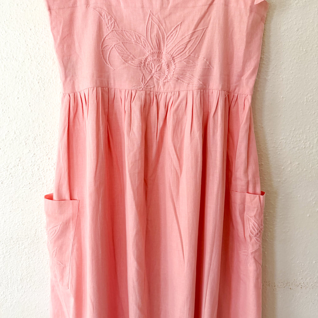 Juliet Dunn London Pink Floral Embroidered Cotton Midi Dress | 1