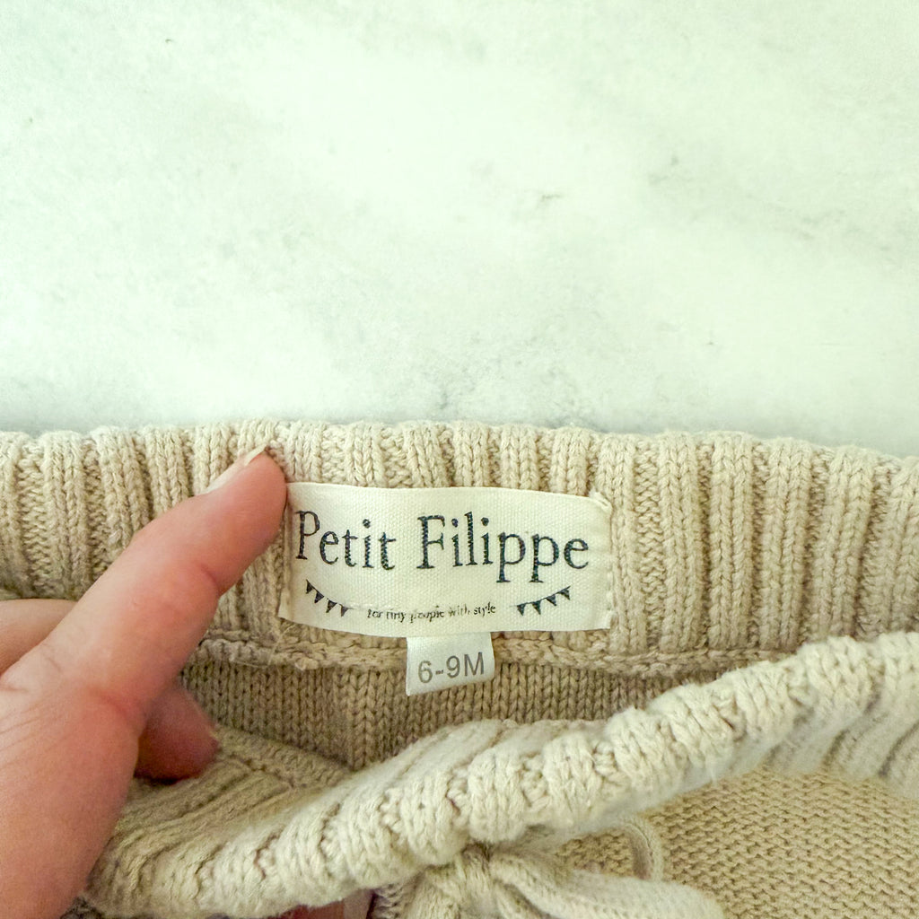 Petit Filippe Tan Knit Pom Pom Drawstring Pull On Pants | 6-9m